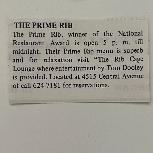 None and/or Unknown Other - The Prime Rib The Rib Cage Lounge Tom Dooley 1972 Hot Springs AR Ad SAH4-H2
